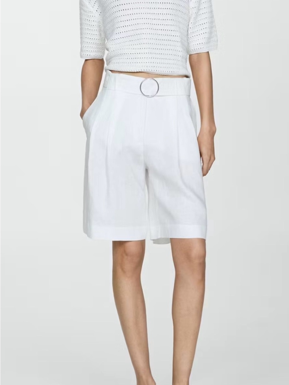 Mango White High-Rise Linen Blend Bermuda Shorts